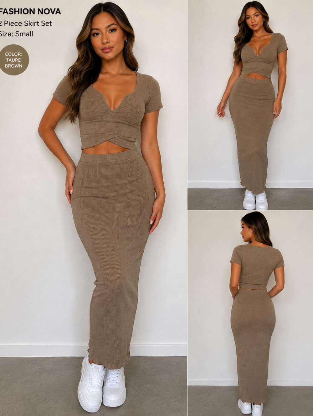 FashionNova 2Piece Ribbed Taupe Brown Maxi Skirt Set & Short Sleeve Top Size S